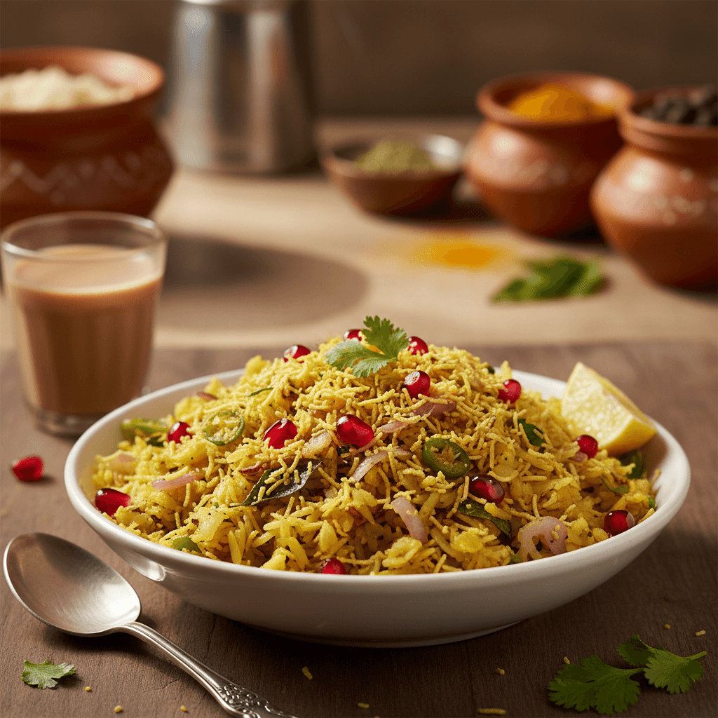 Indore style Poha with jalebi - traditional breakfast combination with flattened rice and crispy sweet spirals