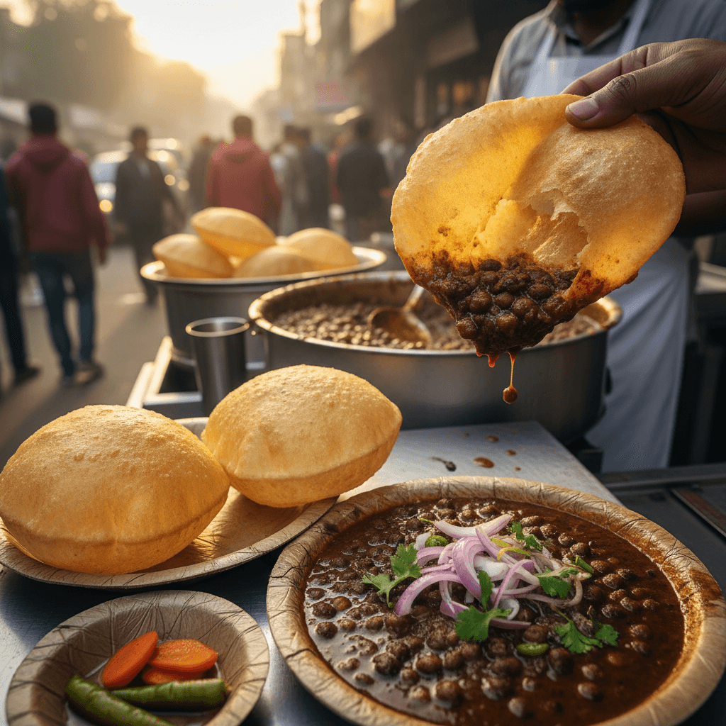 Delhi style chole bhature with spiced chickpea curry and deep fried fluffy bread