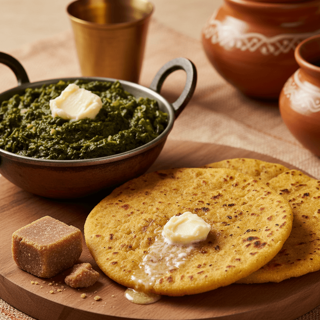 Punjabi sarson ka saag mustard greens curry with makki ki roti cornbread and white butter