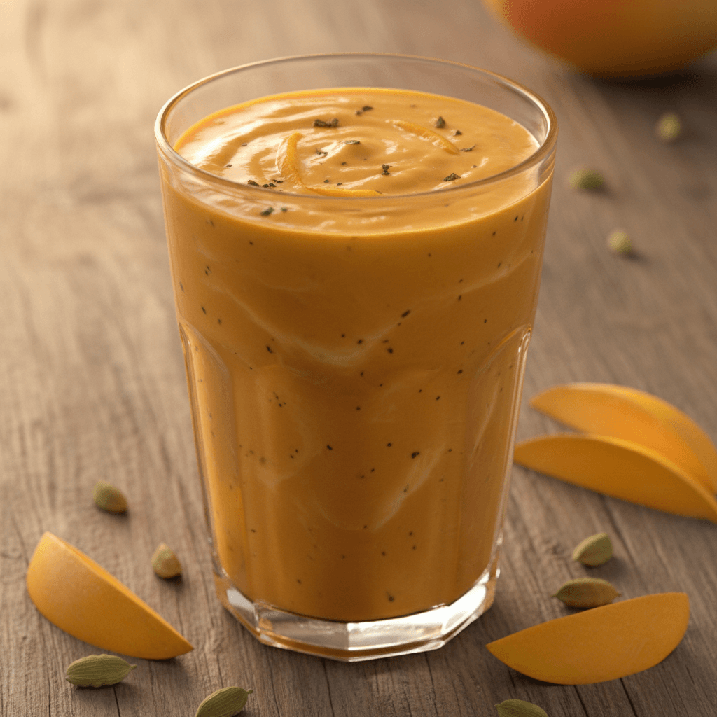 Chilled mango lassi in tall glass garnished with rose petals and saffron strands