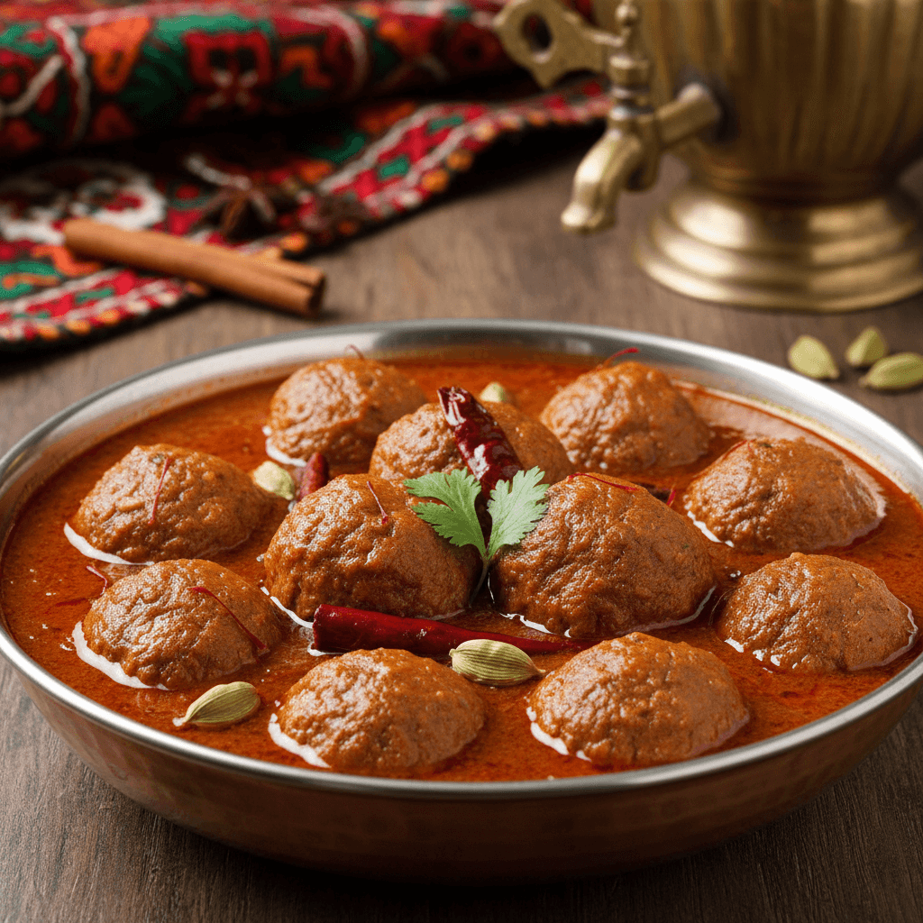 Kashmiri Rogan Josh lamb curry with deep red sauce and whole spices in copper vessel