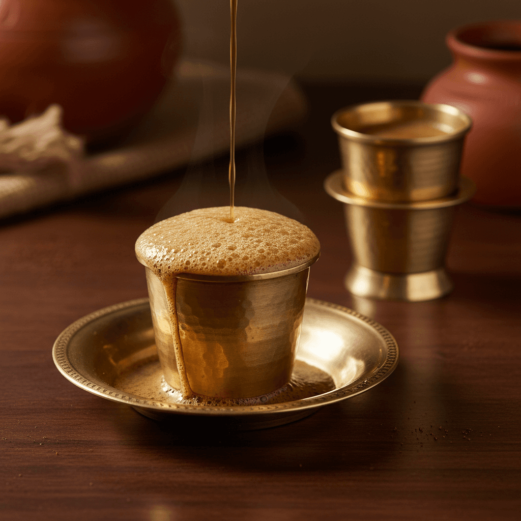 South Indian filter coffee in traditional steel tumbler and davara set with frothy milk