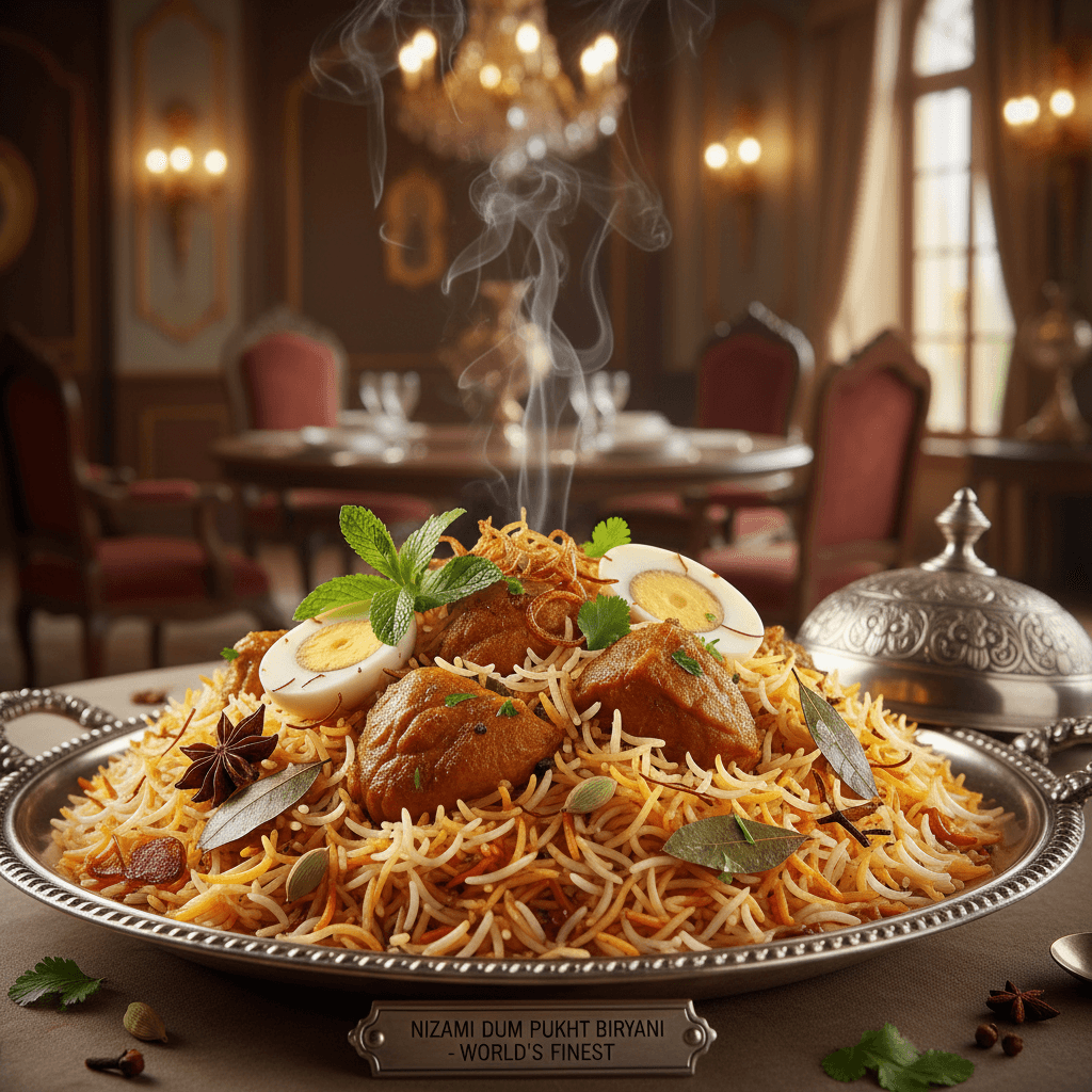 Hyderabadi dum biryani with saffron rice, caramelized onions and whole spices in clay pot